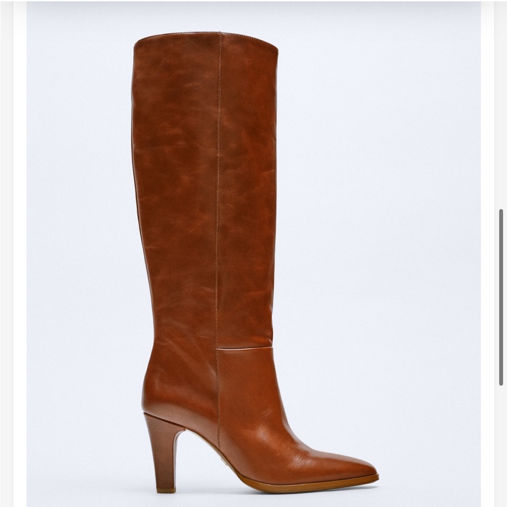 Zara Tall Heeled Leather Boots in Cognac Brown - Picture 8 of 13